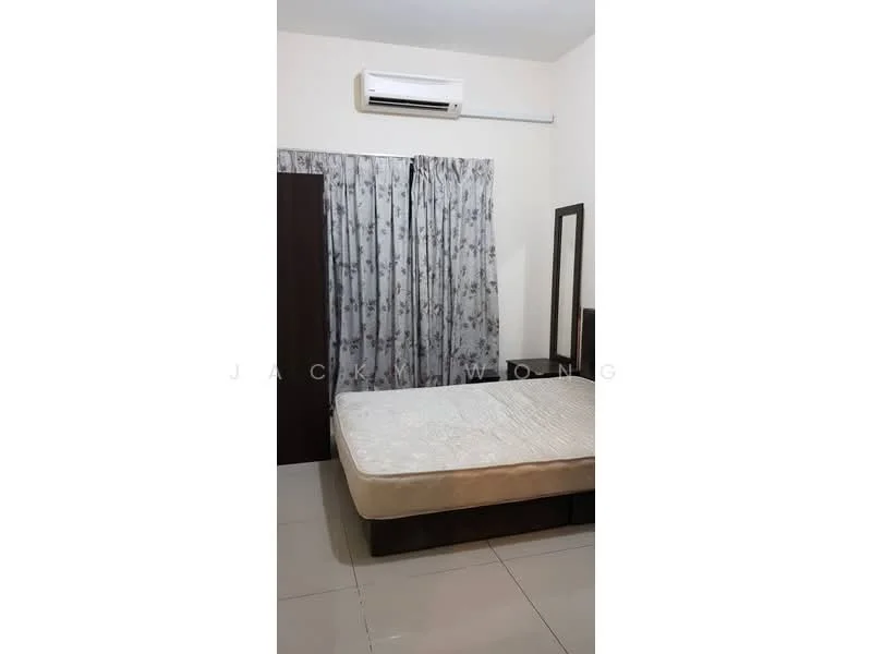 Bedroom features: queen-size bed, wall-mounted split AC, floor-to-ceiling window with sheer curtains, wooden wardrobe, full-length mirror, light-colored painted walls, glossy tile flooring.