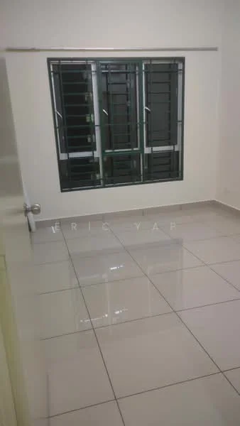 Room features: white painted walls, grey tiled flooring, three sliding windows with black grills, no visible furniture, neutral color scheme, bright lighting, corner room, minimal decor; style: modern.
