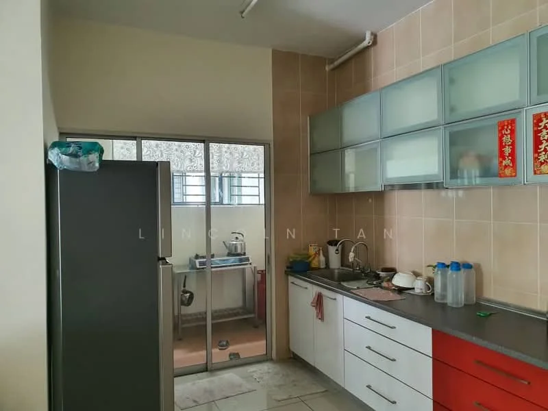 Kitchen features: stainless-steel fridge, white cabinetry with red accents, grey countertop, double-bowl stainless-steel sink, chrome pull-down faucet, glass-front upper cabinets, ceramic tile flooring, wall-mounted shelving, window with sheer curtains, kitchen appliances including kettle and utensils, washing machine visible in adjoining area; style: modern.