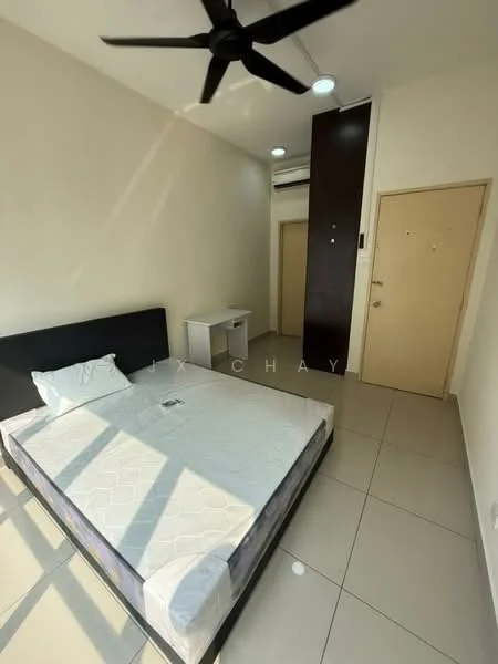 Bedroom features: queen-size bed, black bed frame, white mattress, ceiling fan with 3 blades, wall-mounted air conditioning unit, light-colored walls, tiled flooring, nightstand, door to hallway, natural light from window; style: modern.
