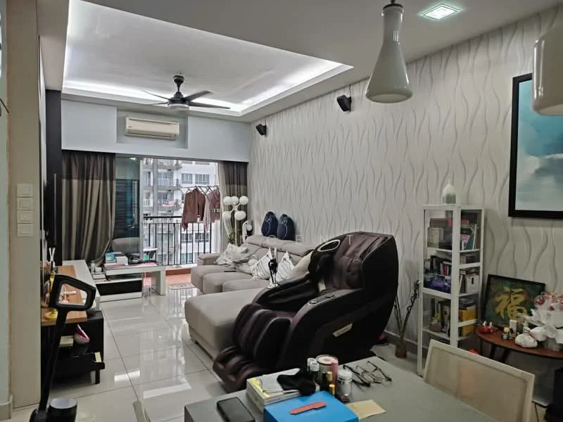 Living features: grey fabric sectional sofa, recliner chair, coffee table, TV console, wall-mounted TV, decorative wall art, white painted walls with textured pattern, recessed ceiling lights, ceiling fan, floor-to-ceiling windows with sheer curtains, sliding glass door to balcony, tile flooring, area rug; style: modern; view: city.