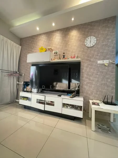 Living features: white tiled flooring, feature wall with textured wallpaper, wall-mounted TV, black TV console with white drawers, decorative items on top of TV console, clock on the wall, recessed ceiling lights, curtains, open shelving unit, small side table; style: modern.