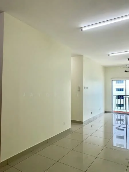 Room features: white painted walls, glossy ceramic tile flooring, recessed LED downlights, sliding glass door, floor-to-ceiling windows, balcony access, neutral color scheme; style: modern.