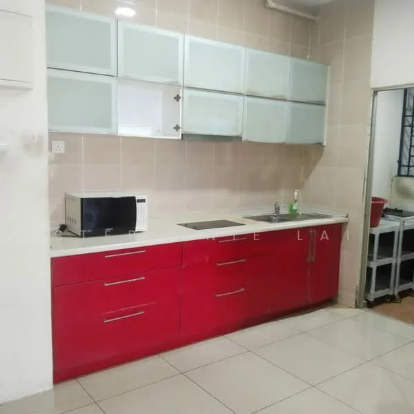 Kitchen features: red cabinetry, white countertop, stainless-steel sink, chrome faucet, microwave, ceramic tile flooring, wall-mounted cabinets with glass doors, neutral tiled walls, under-cabinet lighting; style: modern.