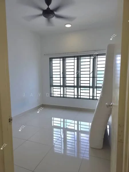Room features: white painted walls, glossy tile flooring, 5-blade ceiling fan, floor-to-ceiling windows, black window grills, natural light from windows, neutral color scheme, unfurnished space; style: modern.
