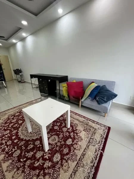 Living features: grey fabric sofa, colorful throw pillows, white coffee table, red area rug with intricate pattern, glossy tile flooring, white painted walls, recessed ceiling lights, console table with storage; style: modern.