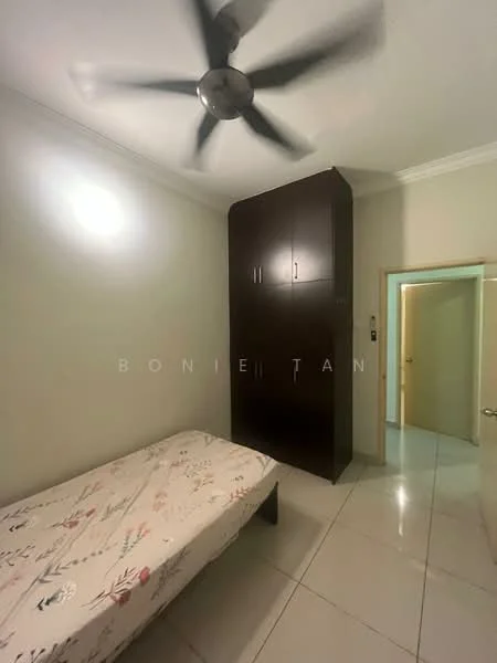 Bedroom features: single bed with floral-patterned bedding, built-in wardrobe with dark wood finish, white painted walls, glossy tile flooring, ceiling fan, recessed lighting, doorway leading to another room; style: modern.