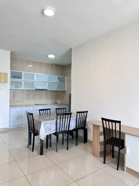 Kitchen features: white painted walls, cream tiled backsplash, light-colored cabinetry with glass fronts, stainless-steel sink, built-in stove, refrigerator, dining table with floral tablecloth, 6 black dining chairs, tile flooring, recessed ceiling lights; style: modern.