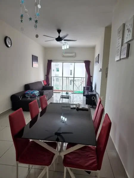 Dining features: black glass dining table, 4 red upholstered dining chairs, wall clock, ceiling fan with light, white painted walls, tile flooring, sliding glass door, curtains, TV console, sofa in black fabric; style: modern; view: city.