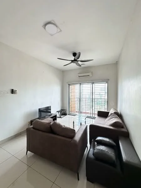 Living features: 3-seater fabric sofa in brown, 2-seater leather sofa in black, coffee table, wall-mounted TV, ceiling fan, recessed ceiling light, floor-to-ceiling windows, sliding glass door, white painted walls, glossy tile flooring, air conditioning unit; style: modern; view: city.