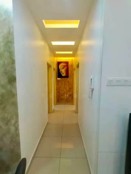 Hallway features: white painted walls, tile flooring, recessed ceiling lights, decorative artwork on wall, two doorways leading to rooms, neutral color palette, modern design, narrow corridor layout; style: modern.