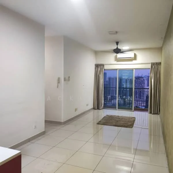Living features: white painted walls, cream accent wall, glossy tile flooring, 5-blade ceiling fan with light, floor-to-ceiling sliding glass door, curtains, area rug, balcony view; style: modern; view: city.