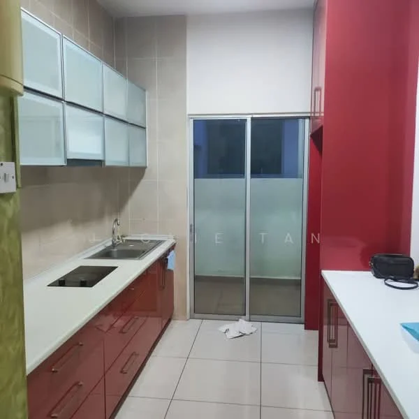 Kitchen features: red cabinetry, white countertop, single-bowl stainless-steel sink, chrome pull-down faucet, built-in oven, ceramic tile flooring, glass upper cabinets, sliding glass door, wall-mounted cabinets, neutral tiled walls; style: modern.