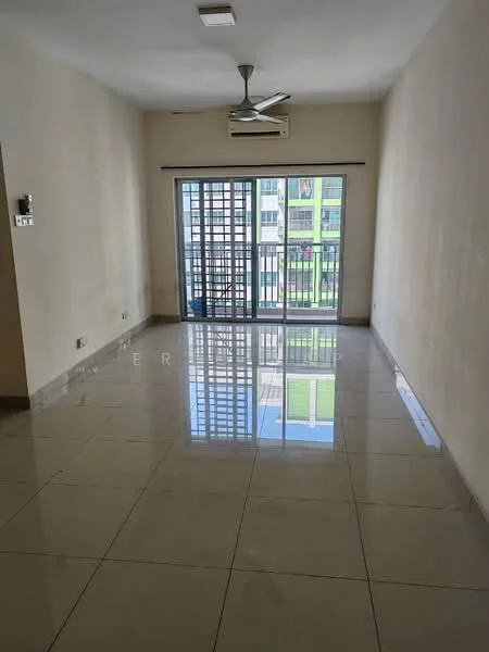 Living features: white painted walls, glossy ceramic tile flooring, 5-blade ceiling fan, wall-mounted air conditioning unit, floor-to-ceiling sliding glass door, balcony access, natural light from windows, neutral color scheme; style: modern.