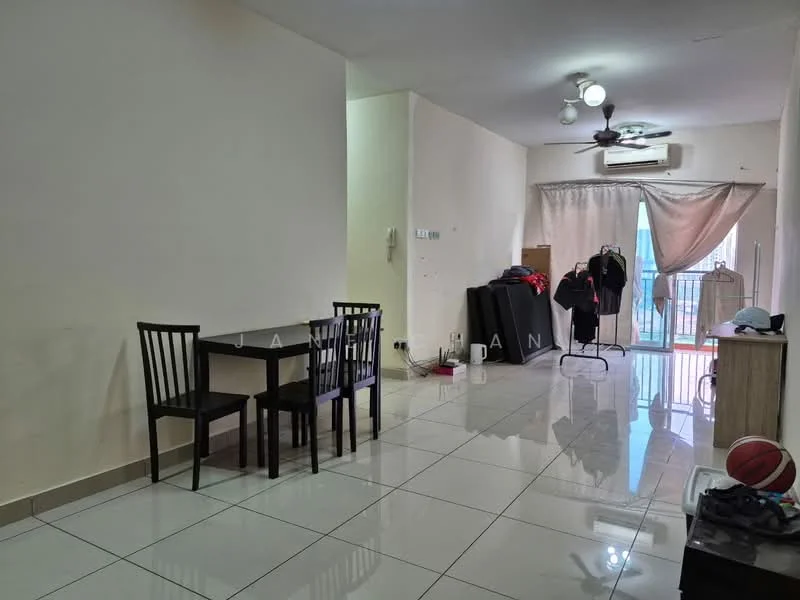 Living features: white painted walls, glossy ceramic tile flooring, ceiling fan with light, recessed downlights, large window with sheer curtains, dining table with 4 black chairs, sofa, basketball, clothes rack, air conditioning unit; style: modern.