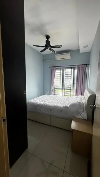 Bedroom features: queen-size bed, upholstered headboard, 2 bedside tables, 5-blade ceiling fan with light, wall-mounted air conditioning unit, floor-to-ceiling windows, sheer curtains, light blue painted walls, glossy tile flooring; style: modern.