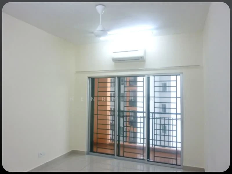 Room features: cream painted walls, polished tile flooring, 5-blade ceiling fan, wall-mounted split AC, floor-to-ceiling sliding glass door, metal security grille, natural light from window, neutral ceiling lights; style: modern.