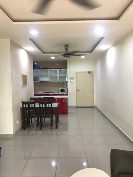 Living features: grey tiled flooring, white painted walls, recessed ceiling lights, 5-blade ceiling fan, dining table with four chairs, open kitchen layout, kitchen cabinets, kitchen countertop, door leading to hallway; style: modern.