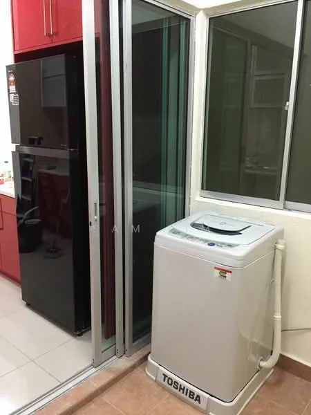 Laundry features: top-load washing machine, black fridge, sliding glass door, white tiled flooring, cream walls, large window, metal window frame.