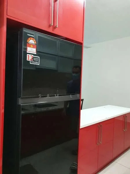 Kitchen features: red cabinetry, white countertop, black fridge, stainless-steel handles, tile flooring, wall-mounted cabinets, open shelving, modern design; style: modern.