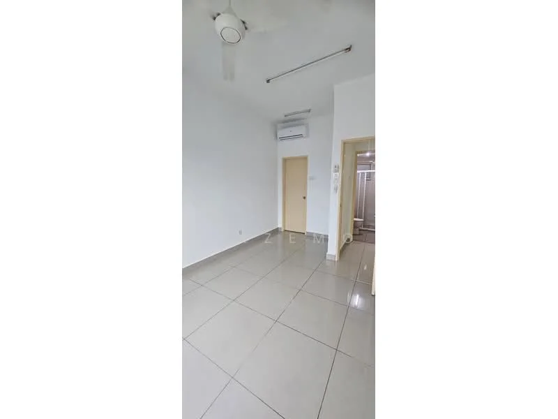 Room features: white painted walls, grey tiled flooring, ceiling fan, wall-mounted split AC, door leading to another room, light fixture on ceiling, window with no visible treatment.
