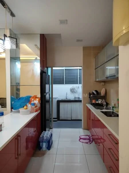 Kitchen features: red cabinetry, white countertop, stainless-steel sink, chrome pull-down faucet, built-in oven, freestanding fridge, ceramic tile flooring, recessed downlights, glass-front upper cabinets, open shelving, window with natural light, wall-mounted cabinets, kitchen island, back door leading to utility area; style: modern. Room features: grey cabinetry, sink, window, countertop.