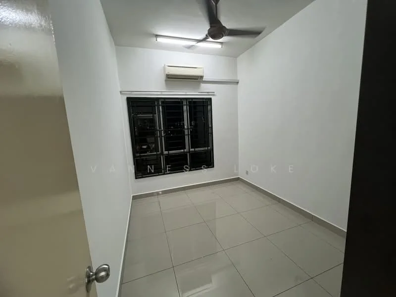Room features: white painted walls, glossy ceramic tile flooring, ceiling fan, wall-mounted split AC, floor-to-ceiling windows with black frames, natural light from window, LED ceiling lights; style: modern.