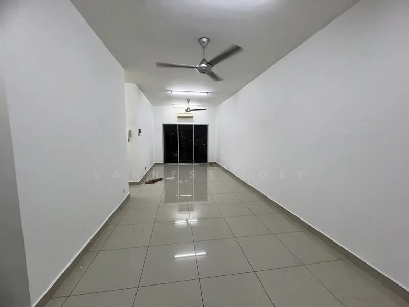 Room features: white painted walls, glossy ceramic tile flooring, 5-blade ceiling fan, sliding glass door, floor-to-ceiling windows, recessed downlights, neutral color scheme, open layout; style: modern.