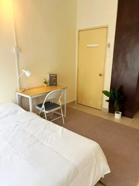 Bedroom features: white bedding, single bed, wooden desk, white desk lamp, chair, cream painted walls, carpet flooring, door, indoor plant in pot; style: minimalist.