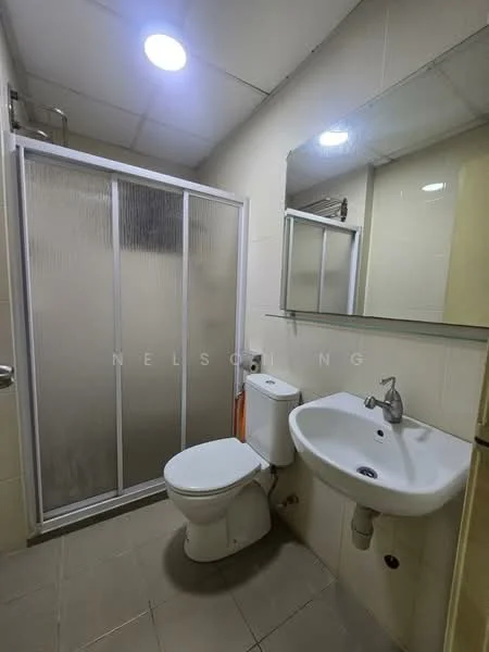 Bathroom features: glass shower enclosure, chrome shower head, toilet, single-sink vanity, mirror above sink, wall-mounted faucet, tiled flooring, light fixtures in ceiling; style: modern.
