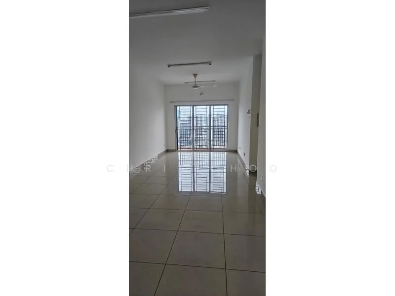Living features: white painted walls, glossy ceramic tile flooring, ceiling fan, floor-to-ceiling sliding glass door, balcony with city view, natural light from large window, neutral color scheme, open layout; style: modern; view: city.