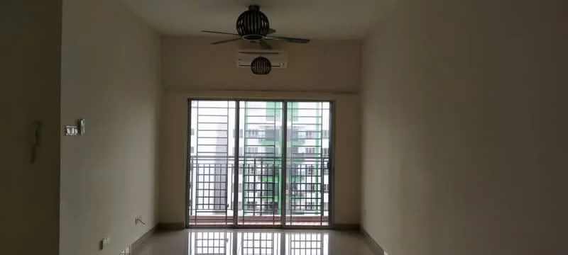 Living features: 5-blade ceiling fan with light, wall-mounted split AC, floor-to-ceiling windows, sliding glass door, cream painted walls, polished tile flooring, balcony view, natural light from windows; style: modern; view: city.