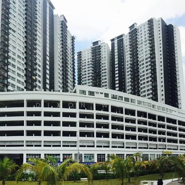 Exterior type: high-rise condominium; features: multi-storey car park, glass curtain wall, white painted facade, balconies on upper floors, surrounded by palm trees, modern architectural design; style: modern.
