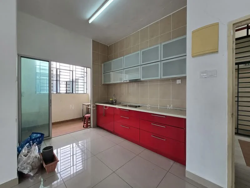 Kitchen features: red cabinetry, white countertop, single-bowl stainless-steel sink, chrome pull-down faucet, ceramic tile flooring, wall-mounted cabinets, window with metal grill, open layout to adjacent area, recessed ceiling lights; style: modern.