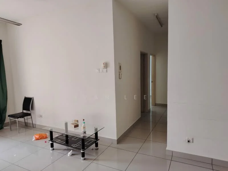 Room features: white painted walls, grey floor tiles, glass coffee table, black chairs, doorway leading to another room, wall-mounted intercom, single light fixture on ceiling; style: minimalist.