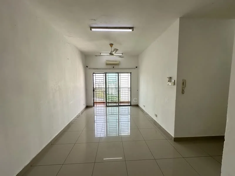 Living features: white painted walls, glossy ceramic tile flooring, 5-blade ceiling fan with light, sliding glass door, floor-to-ceiling windows, air conditioning unit, intercom panel, natural light from windows, balcony access, neutral color scheme; style: modern; view: city.