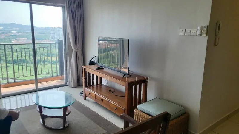 Living features: floor-to-ceiling windows, glass sliding door, wooden TV console, flat-screen TV, round glass coffee table, 2-seater fabric sofa, woven storage basket, neutral wall color, tile flooring, curtains, rug, view of greenery; style: modern; view: garden.