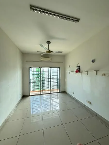 Room features: white painted walls, glossy ceramic tile flooring, 5-blade ceiling fan, wall-mounted split AC, sliding glass door, window with security grille, shelves mounted on wall, natural light from window; style: modern.