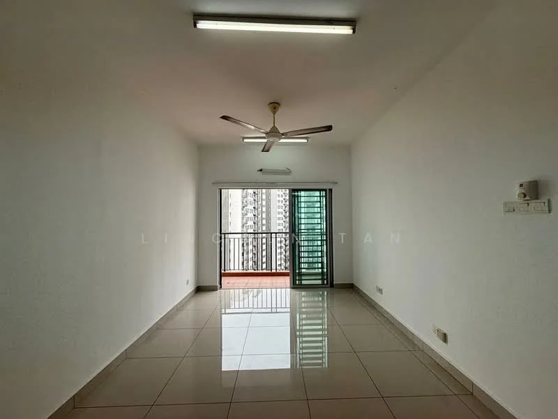 Living features: white painted walls, glossy ceramic tile flooring, 5-blade ceiling fan with light, floor-to-ceiling sliding glass door, balcony access, natural light from windows, neutral color scheme, no visible furniture; style: modern; view: city.