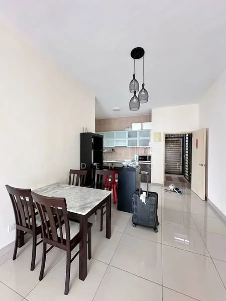 Dining features: 4-seater dining table with marble top, wooden dining chairs, white painted walls, glossy tile flooring, pendant lighting with three bulbs, open kitchen layout, black cabinetry, glass-front upper cabinets, kitchen counter with backsplash, doorway leading to hallway; style: modern.