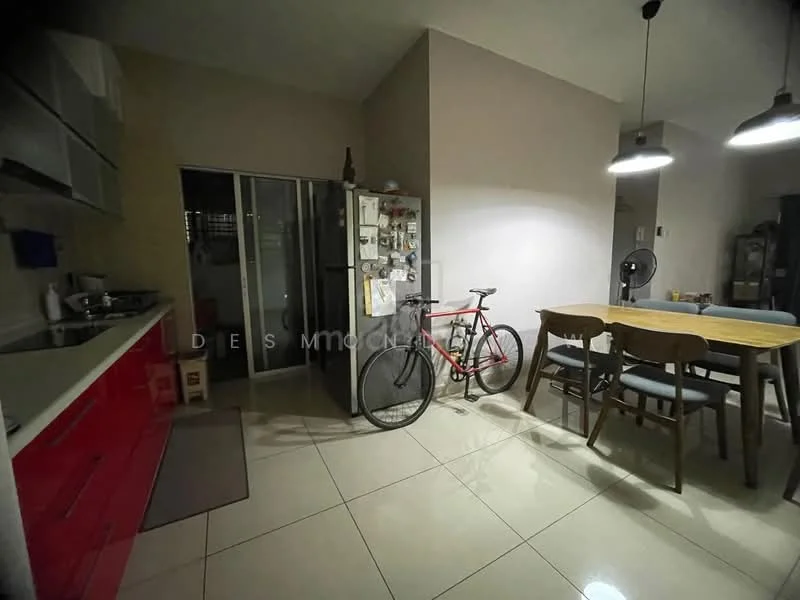 Kitchen features: red cabinetry, white countertop, stainless-steel sink, built-in oven, freestanding refrigerator, ceramic tile flooring, recessed downlights, kitchen island, bicycle, dining table with 4 chairs, wall-mounted fan; style: modern.