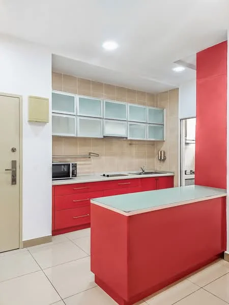 Kitchen features: red cabinetry, glass-front upper cabinets, white countertop, stainless-steel sink, chrome pull-down faucet, built-in microwave, ceramic tile flooring, recessed downlights, neutral tiled backsplash, kitchen island with seating, wall-mounted cabinets, open shelving, modern design; style: modern.