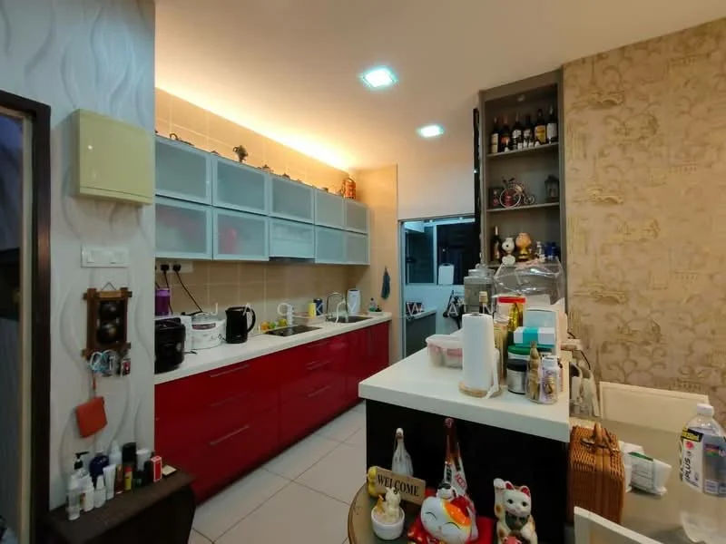 Kitchen features: red cabinetry, white countertop, stainless-steel sink, chrome faucet, built-in oven, microwave, toaster, kettle, dishwasher, ceramic tile flooring, recessed LED downlights, wall-mounted cabinets, decorative wall with pattern, open shelving, various kitchen appliances; style: modern.