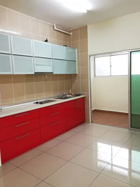 Kitchen features: red cabinetry, glass upper cabinets, white countertop, single-bowl stainless-steel sink, chrome pull-down faucet, ceramic tile flooring, wall-mounted cabinets, window with sliding glass door, neutral wall tiles, fluorescent ceiling lights; style: modern.