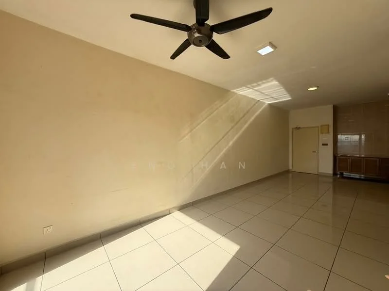 Room features: cream painted walls, glossy tile flooring, 5-blade ceiling fan, recessed downlights, natural light from windows, door leading to another room, light switch, wall-mounted electrical outlet; style: modern.