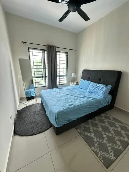 Bedroom features: king-size bed with upholstered headboard, blue bedding, 2 bedside lamps, floor-to-ceiling windows, sheer curtains, grey area rug, full-length mirror, light grey walls, ceiling fan with light, tile flooring; style: modern; view: garden.