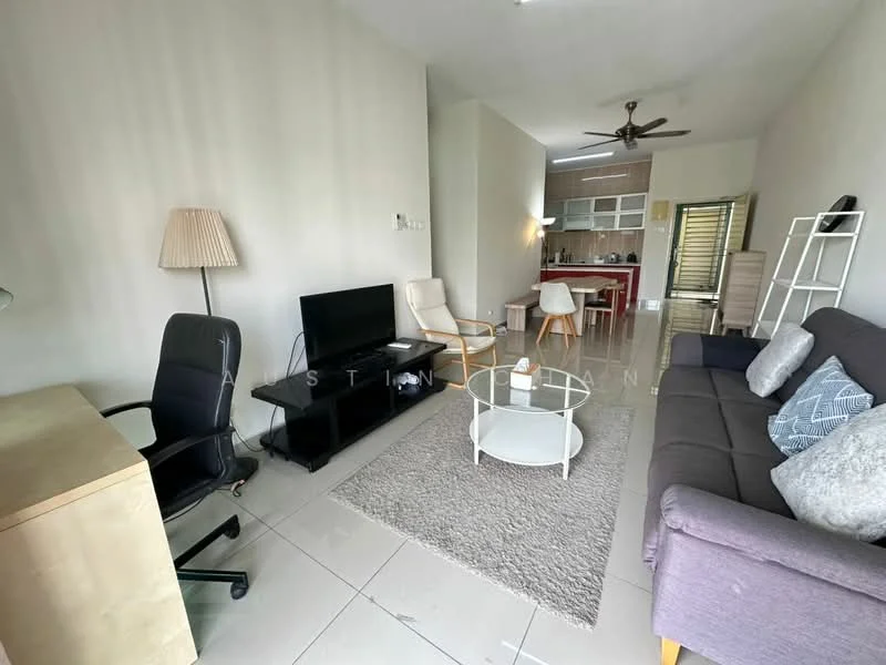 Living features: grey fabric sofa, 3-seater sofa, white coffee table, area rug with geometric pattern, black TV console, wall-mounted TV, desk with chair, floor lamp, ceiling fan, large window with natural light, light-colored walls, ceramic tile flooring; style: modern. Kitchen features: open kitchen layout, red cabinetry, white countertop, stainless-steel sink, built-in oven, freestanding range oven, refrigerator, bar stools, pendant lighting; style: modern.