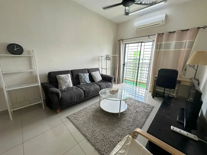 Living features: 3-seater fabric sofa in dark grey, 2 decorative cushions, glass coffee table, area rug in light grey, wall-mounted clock, floor-to-ceiling windows, sliding glass door, curtains in light beige, ceiling fan with light, TV console, wall-mounted TV, desk with chair; style: modern; view: city.