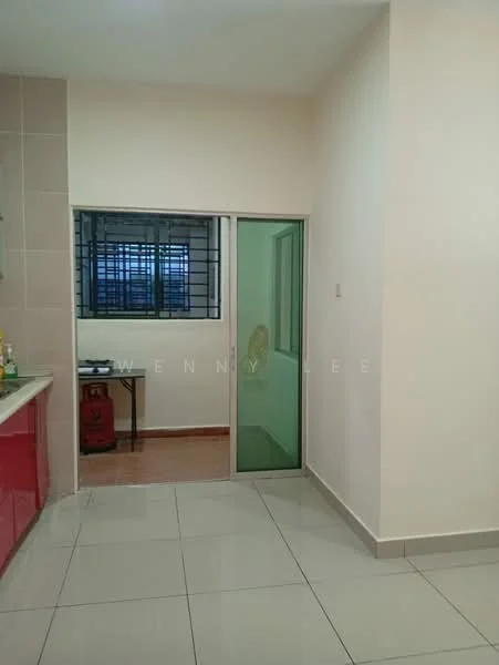 Room features: cream painted walls, white tiled flooring, glass sliding door, window with metal grille, kitchen cabinetry in red, countertop, visible kitchen appliances, light fixture on ceiling; style: modern.