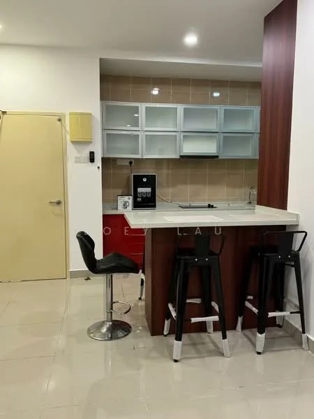 Kitchen features: white cabinetry, grey countertop, stainless-steel sink, chrome pull-down faucet, built-in microwave, refrigerator, bar stools, tile backsplash, cream tiled flooring, recessed downlights, open shelving, kitchen island; style: modern.